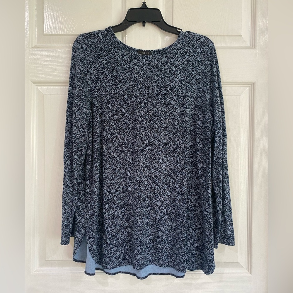 J Jill Wearever Blue Floral Boat Neck Long Sleeve Rayon Tunic Top M Comfort Ease